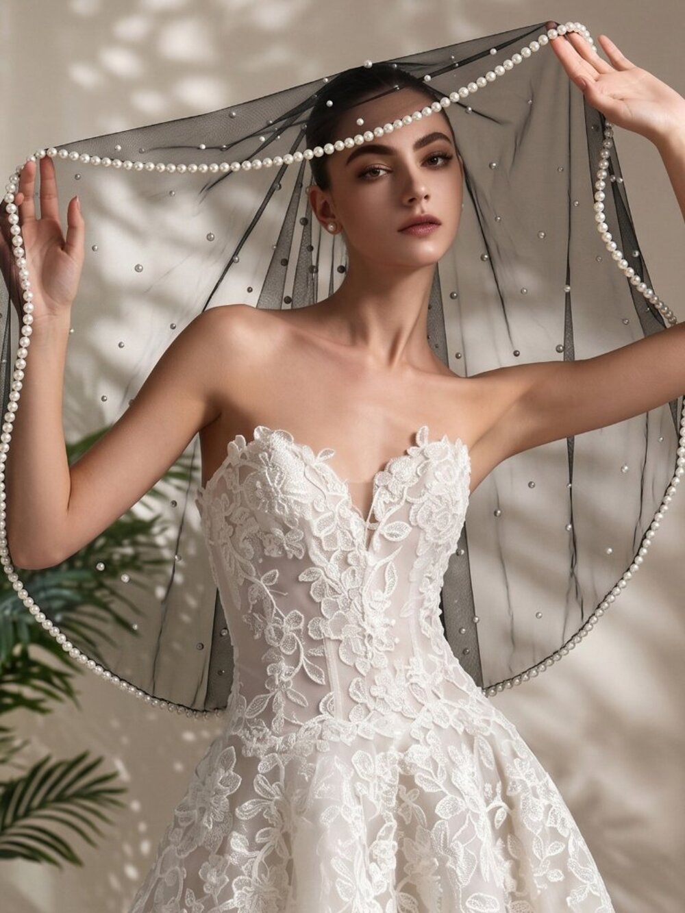 Black Bridal Veil Beaded Edge Drop Veil No Comb 39"